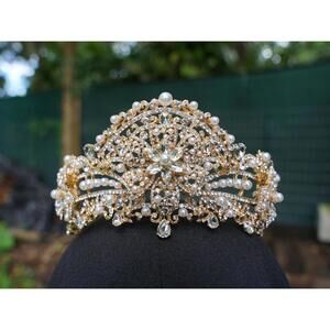 Gold Pearl Crystal Tiara Bridal Crown diamond Birthday Wedding Gift Diadem prom